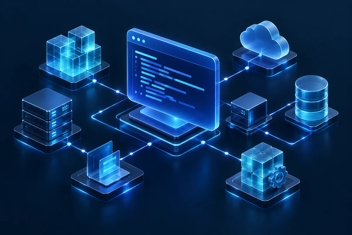 Illustration de modules logiciels et serveurs interconnectés.